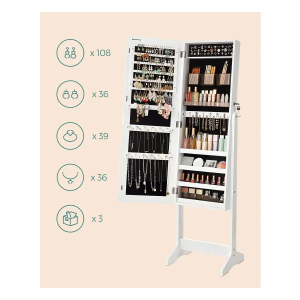 Songmics Takı Dolabı, Ayaklı Aynalı Dolap, 2 Ayrı Makyaj Malzemeleri Düzenleyicili, Çerçevesiz Tam Boy Ayna, Kilitlenebilir, Kolyeler, Küpeler, Makyaj Malzemeleri İçin, Beyaz, Jjc002w01 - Görsel 3