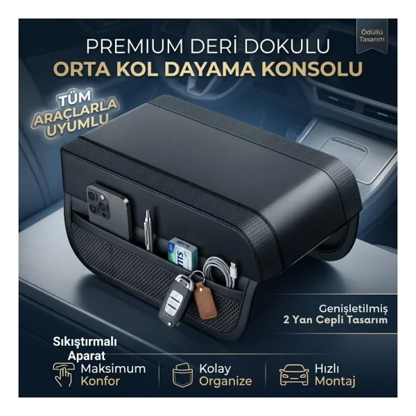 Coofbe Premıum Yumuşak 2 Yan Cüzdanlı Araç Kol Dayama Padi. Kol Dayama Yastığı Araç İçi Organizer Kol Dayama - Görsel 2