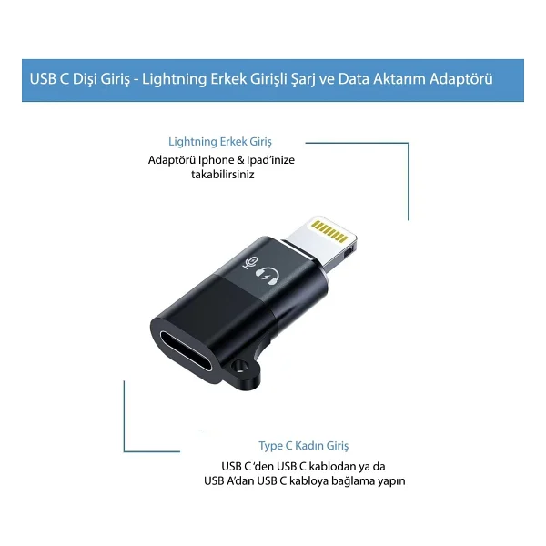 Daytona Cl2 Lightning USB C Şarj Ve Data Aktarım Destekli Kulaklık Adaptörü Dönüştürücü, 2 Adet Aux Ses Adaptörü Konektörü Dongle/Lightning Erkek - USB C Dişi - Görsel 5