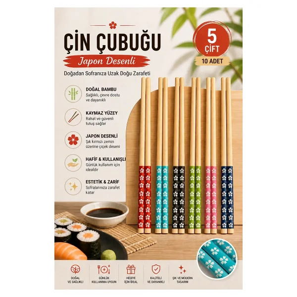 Tby Shop Bambu Chopstick 5 Li Desenli Yıkanabilir Çin Suşi Ramen Noodle Yemek Çubuğu - Görsel 2