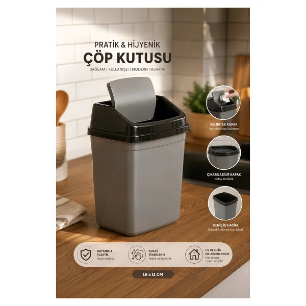 Porsima 0131 Pedallı Metalize Banyo Mutfak Çöp Kovası Siyah Kapaklı Slim Pedallı Çöp Kovası 25 Litre - 25 Lt - Gri - Siyah - Görsel 6