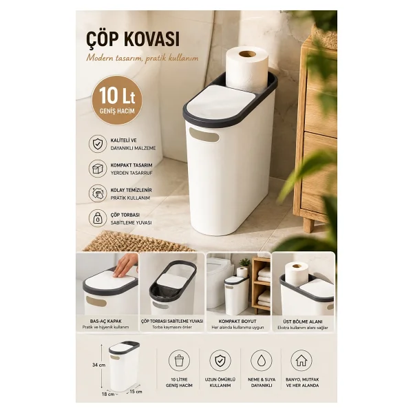 Porsima M-325 Kapaklı Çöp Kutusu 10lt Beyaz Plastik Banyo Ve Mutfak İçin Pratik Çöp Kovası - Görsel 8
