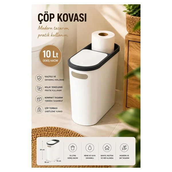 Porsima M-325 Kapaklı Çöp Kutusu 10lt Beyaz Plastik Banyo Ve Mutfak İçin Pratik Çöp Kovası - Görsel 2