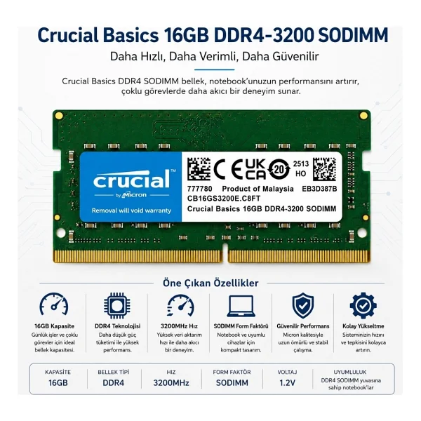 Crucial Basics 16 GB 3200 MHz CL19 CB16GS3200E DDR4 Ram - Görsel 8