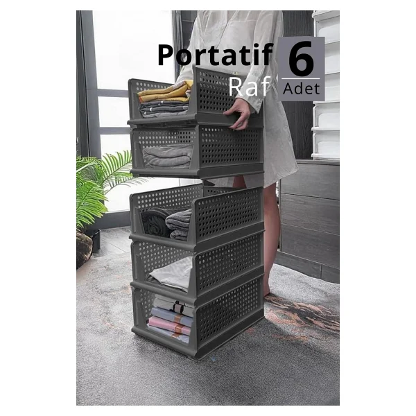 Mithra Life 6 Lı Kayar Raf Organizer Gri Dolap İçi Kıyafet Aksesuar Düzenleyici 45x35 Cm Mıt1264 - Görsel 2