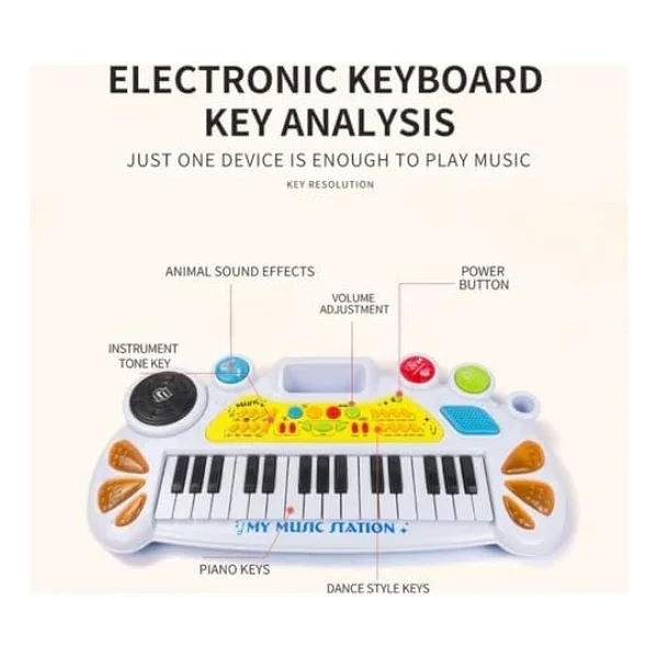 Elektronik Org Müzik Seti Mikrofonlu 45 Cm Çocuk Piyano Mp3 Girişli LED Işıklı Karaoke Oyuncak 3+ Yaş Beyaz - Görsel 4