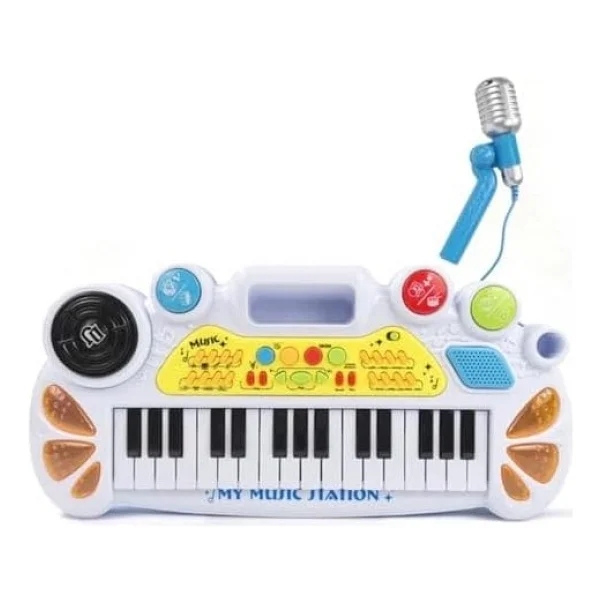 Elektronik Org Müzik Seti Mikrofonlu 45 Cm Çocuk Piyano Mp3 Girişli LED Işıklı Karaoke Oyuncak 3+ Yaş Beyaz - Görsel 2