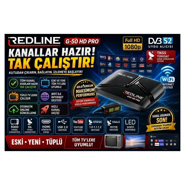 Redline G-50 Hd Pro Full Hd Uydu Alıcısı R Tüplü Ve Led Tv Uyumlu Tkgs Wifi Destekli Youtube 5000 Kanal Tak Çalıştı - Görsel 2