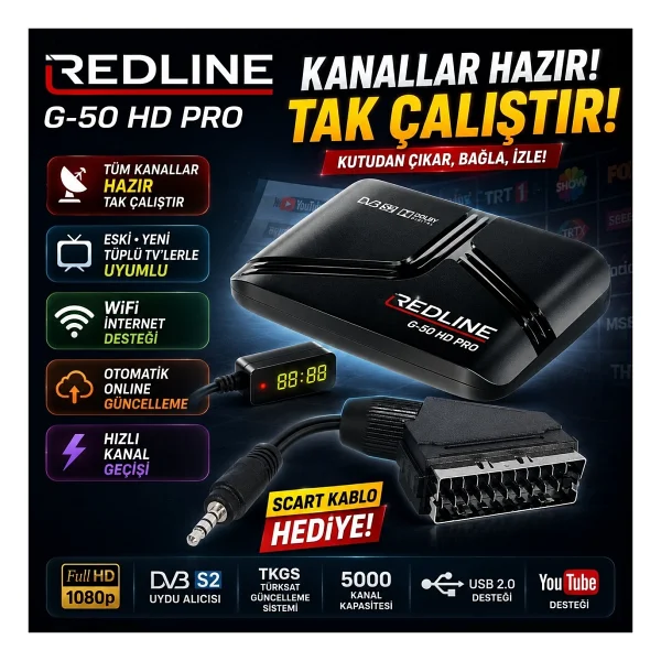 Redline G-50 Hd Pro Full Hd Uydu Alıcısı R Tüplü Ve Led Tv Uyumlu Tkgs Wifi Destekli Youtube 5000 Kanal Tak Çalıştı - Görsel 3