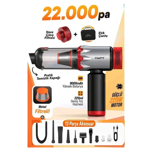 Auhma Matt Mcv22 9000mah Güçlü Bataryalı Araç Süpürgesi 22.000pa Kablosuz Şarjlı El Tipi 220w Vakum & Üfleme Kırmızı - Renk - Gri - Kırmızı - Siyah - Görsel 2