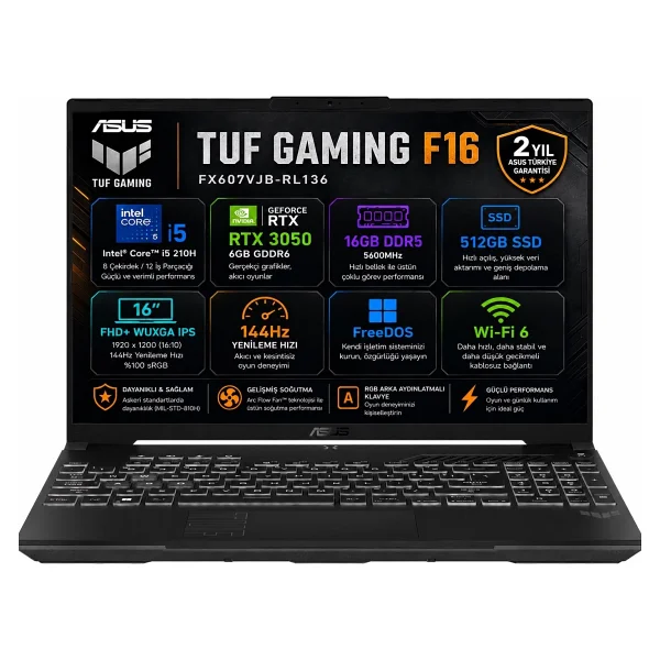 Asus TUF Gaming F16 FX607VJB-RL136 Core 5 210H 16 GB 512 GB SSD RTX3050 16" WUXGA Gaming Laptop - Görsel 6