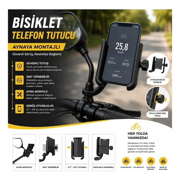 Mega Oto Market Bisiklet Ve Motosiklet Telefon Tutucu - Kızaklı Ayarlanabilir Siyah Telefon Standı - Görsel 7