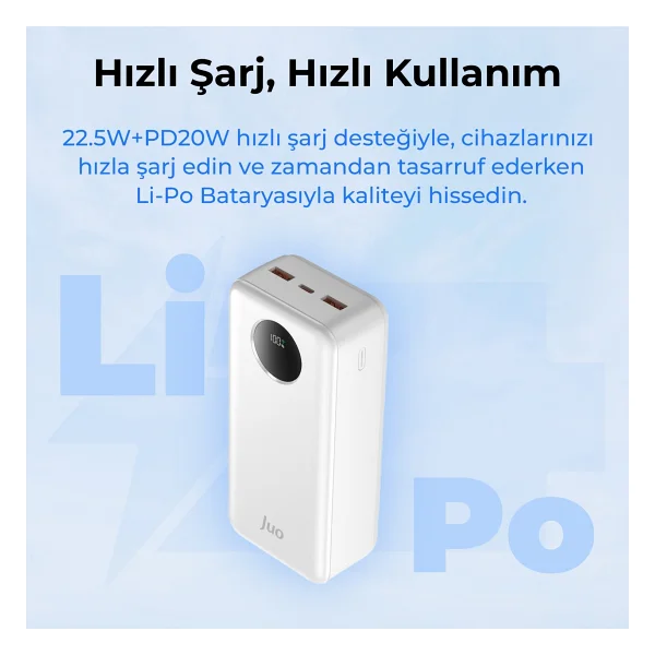 Juo 30000mah 22.5w Dijital LED Ekranlı Taşınabilir Hızlı Şarj Cihazı Powerbank Beyaz - Görsel 4