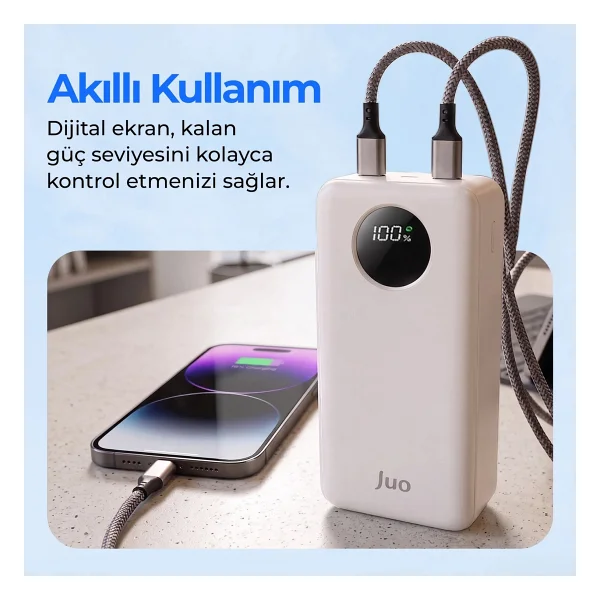 Juo 30000mah 22.5w Dijital LED Ekranlı Taşınabilir Hızlı Şarj Cihazı Powerbank Beyaz - Görsel 8