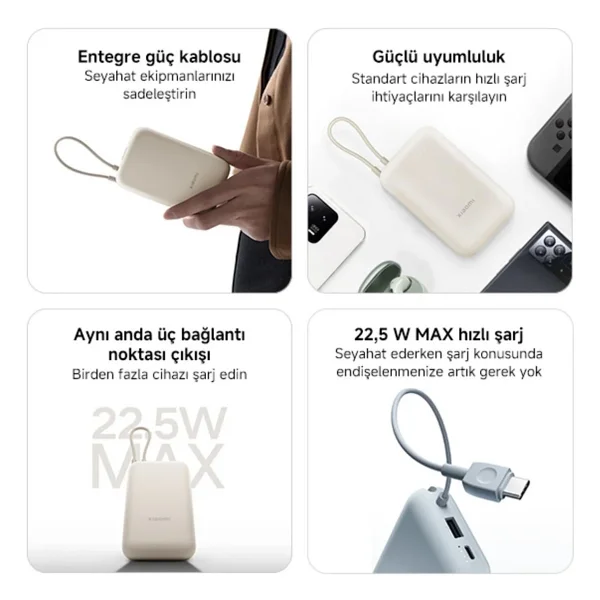 Xiaomi 22.5 W Mavi 10000 mAh Type-C Kablolu Hızlı Şarj Powerbank - Görsel 9