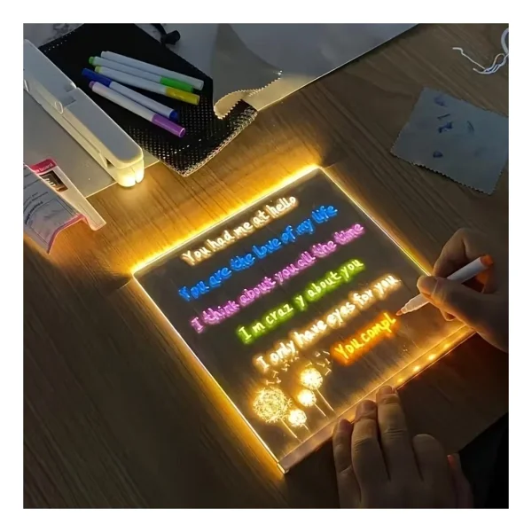 Bakgelal LED Işıklı Yazı Ve Çizim Panosu, Silinebilir Fosforlu Kalemli, Işıklı Not Tahtası, Led'li Çocuk Çizim Panosu, Işıklı Mesaj Tahtası, Led'li Çizim Panosu - 20x20 Cm - Görsel 5