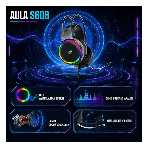 Aula S608 RGB USB Kablolu Kulak Üstü Oyuncu Kulaklığı - Görsel 5