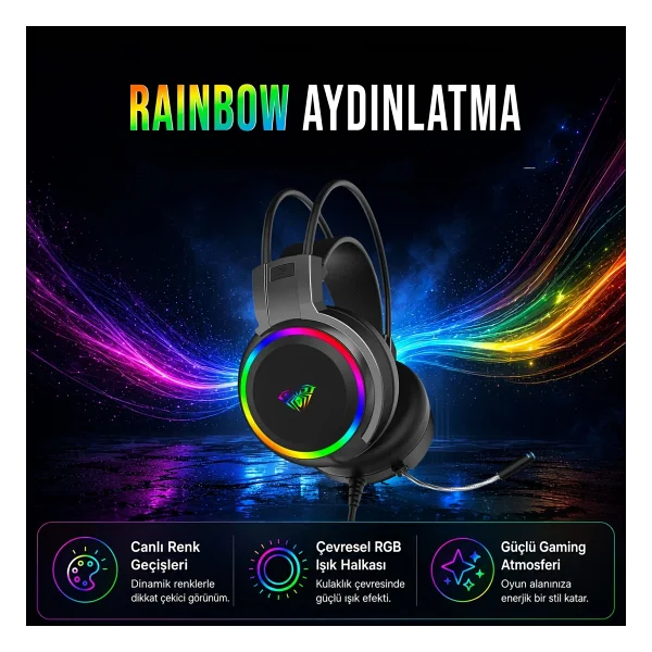 Aula S608 RGB USB Kablolu Kulak Üstü Oyuncu Kulaklığı - Görsel 6