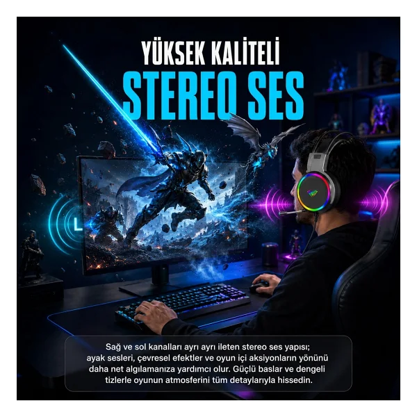 Aula S608 RGB USB Kablolu Kulak Üstü Oyuncu Kulaklığı - Görsel 9