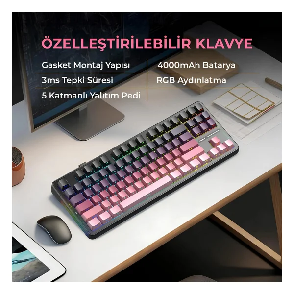 Aula F87 Pro RGB Tkl Graywood V4 Switch İngilizce Kablolu/Kablosuz Mekanik Oyuncu Klavyesi - Görsel 2