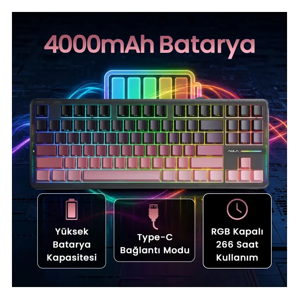 Aula F87 Pro RGB Tkl Graywood V4 Switch İngilizce Kablolu/Kablosuz Mekanik Oyuncu Klavyesi - Görsel 5