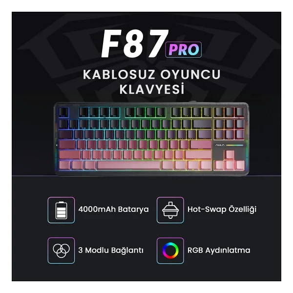 Aula F87 Pro RGB Tkl Graywood V4 Switch İngilizce Kablolu/Kablosuz Mekanik Oyuncu Klavyesi - Görsel 6