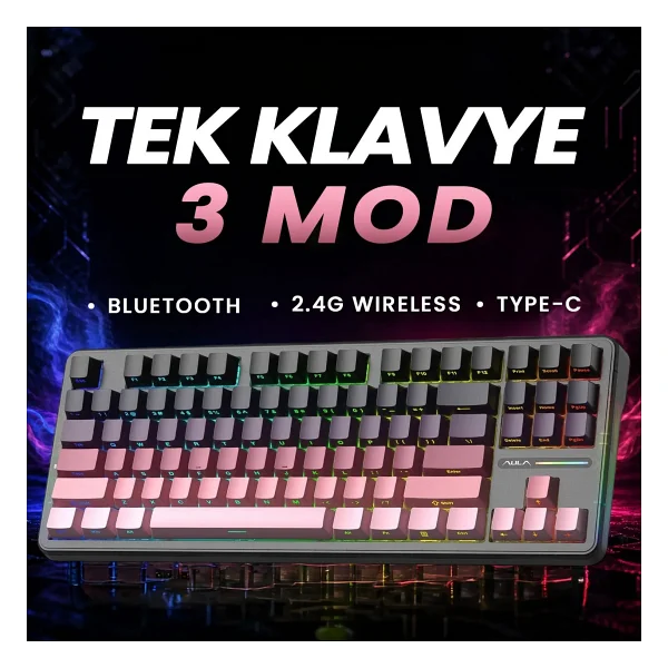 Aula F87 Pro RGB Tkl Graywood V4 Switch İngilizce Kablolu/Kablosuz Mekanik Oyuncu Klavyesi - Görsel 7