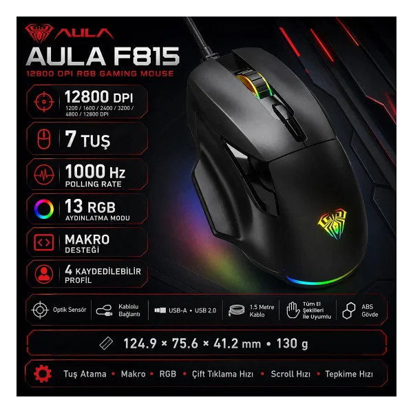 Aula F815 Optik Kablolu Oyuncu Mouse - Görsel 3