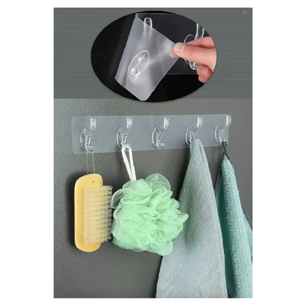 5'li Kendinden Yapışkanlı Güçlü Şeffaf Askılık - Kapı Arkası Mutfak Duvar Banyo Askı - Görsel 3
