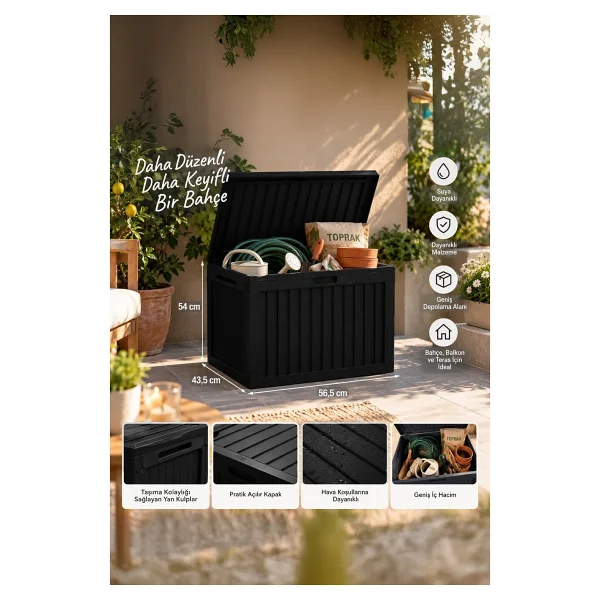 Porsima 161001-010 130lt Kilitli Organizer Kapaklı Bahçe Balkon Kiler Sandığı Çok Amaçlı Depolama Sandığı Siyah Siyah - Görsel 6