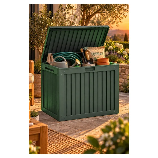 Porsima 161001-005 130lt Kilitli Organizer Kapaklı Bahçe Balkon Kiler Sandığı Çok Amaçlı Depolama Sandığı Yeşil - Görsel 2