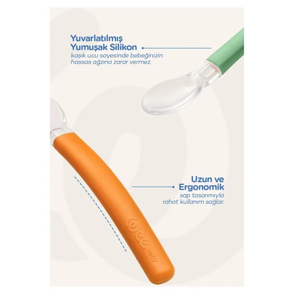 Wee Baby 2'li Yumuşak Uçlu Silikon Mama Kaşığı Seti Ek Gıdaya Geçiş Beslenme Kaşığı Yeşil Turuncu - Turuncu - Yeşil - Görsel 4