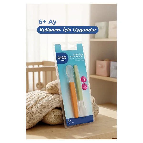 Wee Baby 2'li Yumuşak Uçlu Silikon Mama Kaşığı Seti Ek Gıdaya Geçiş Beslenme Kaşığı Yeşil Turuncu - Turuncu - Yeşil - Görsel 5