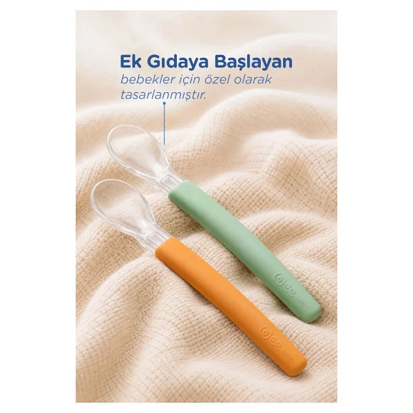 Wee Baby 2'li Yumuşak Uçlu Silikon Mama Kaşığı Seti Ek Gıdaya Geçiş Beslenme Kaşığı Yeşil Turuncu - Turuncu - Yeşil - Görsel 3