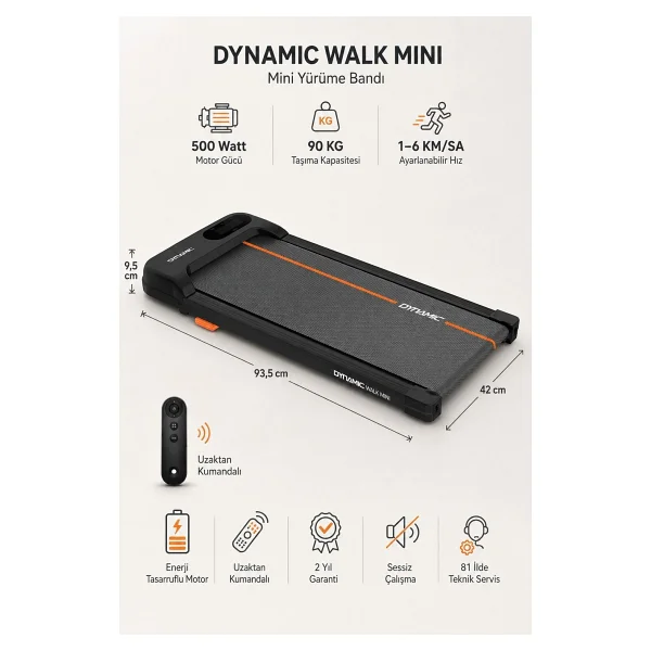 Dynamic Walk Mini Koşu Bandı 34X79 cm Minimal Yürüyüş Bandı Uzaktan Kumandalı & Eğimli - Görsel 2