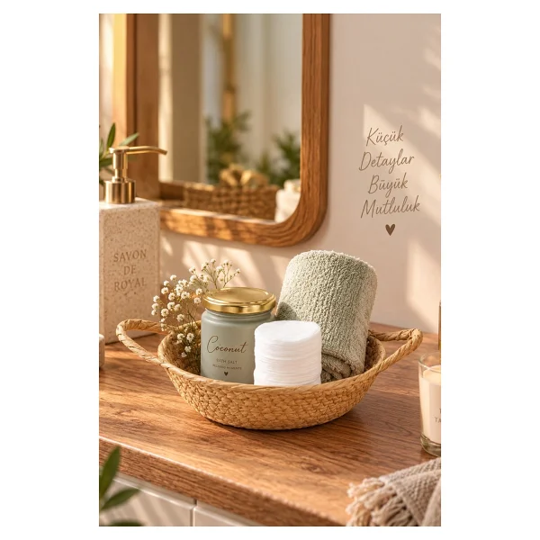 Porsima 15289 Çok Amaçlı Yuvarlak Dekoratif Hasır Sepet Düzenleyici Organizer Ekmeklik - Cappuccino - Görsel 5