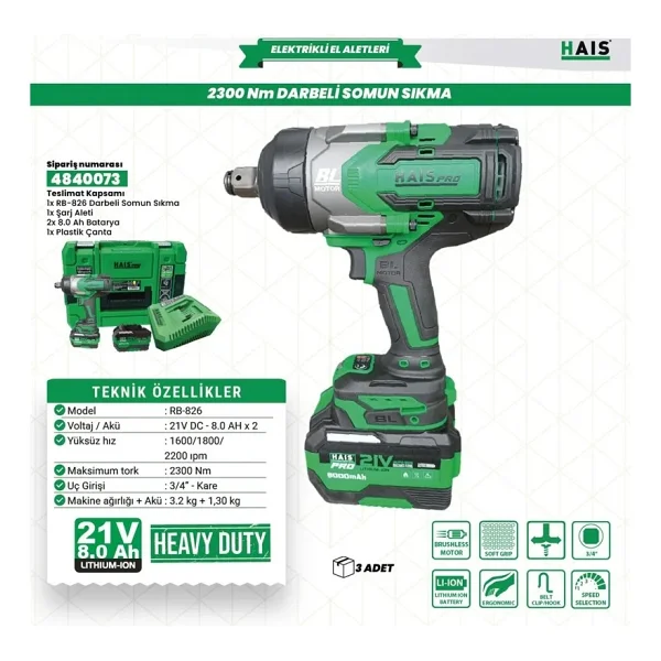 Hais Pro Rb-826 21 V Çift Akülü 8 Ah Somun Sıkma Makinesi - Görsel 2