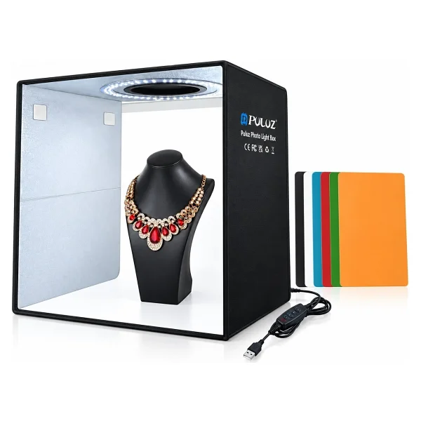 Coverzone Puluzz 30x30x30 Cm Katlanabilir LED Fotoğraf Çekim Çadırı Stüdyo Işık Kutusu, 120 LED Halka Işık, Crı95, USB Güç,%1-100 Parlaklık Ayarı, 6 Renk Arka Fonlu Ürün Fotoğraf Çekim Seti (Pu5032b) - Görsel 4
