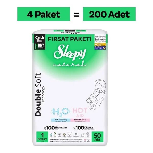 Sleepy Natural Double Soft 1 Numara Yenidoğan 50'li 4 Adet Bebek Bezi - Görsel 2