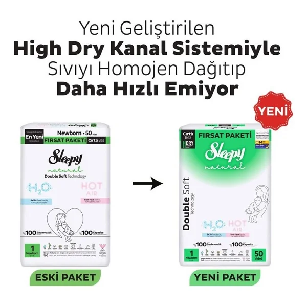 Sleepy Natural Double Soft 1 Numara Yenidoğan 50'li 4 Adet Bebek Bezi - Görsel 3