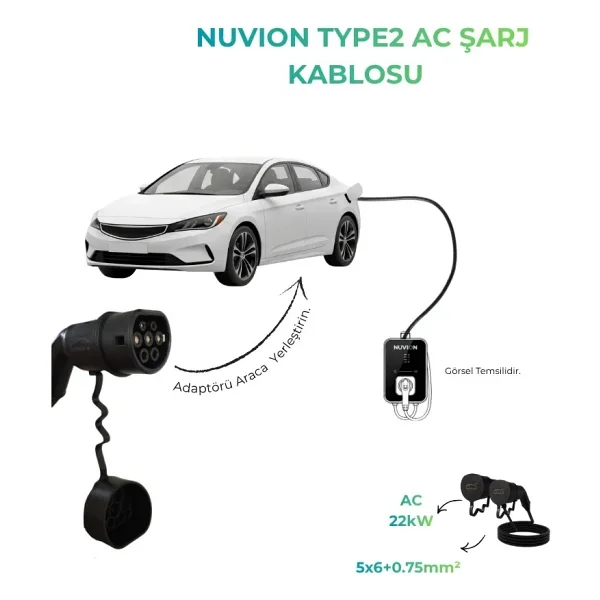 NUVION Elektrikli Araç Type 2 AC 3 Metre Şarj Kablosu Seti-Tüm modellerle birebir uyumlu - Görsel 2