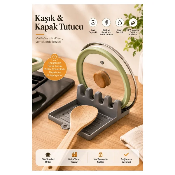 Porsima Kaşık Ve Kapak Tutucu - Kapak Standı Kaşık Kepçe Altlığı Düzenleyici Organizer - Antrasit - Görsel 5