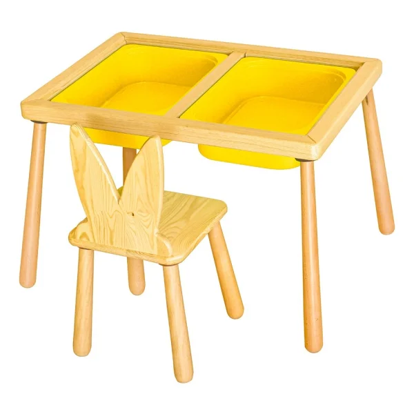 Wood & Joy Doğal Ahşap Duyusal Çocuk Aktivite Masası Oyun Masası ve Çocuk Çalışma Masası 2 Sandalye Seti - Sarı - Görsel 2