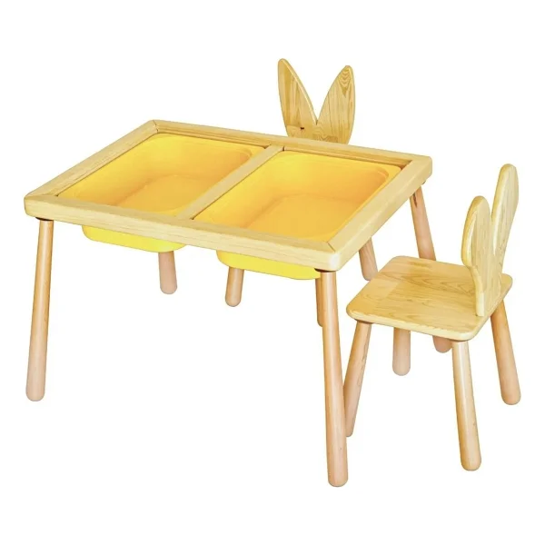 Wood & Joy Doğal Ahşap Duyusal Çocuk Aktivite Masası Oyun Masası ve Çocuk Çalışma Masası 2 Sandalye Seti - Sarı - Görsel 3