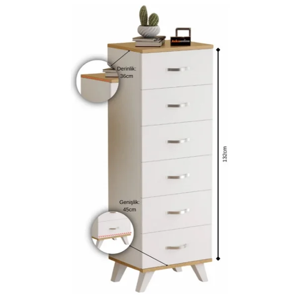 Aeka Ae-3038 Belinda 6 Çekmeceli Beyaz Çam Şifonyer Komodin 132x45x36 Cm - Görsel 7