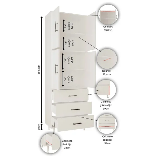 Aeka Ae-3020 Irmak Beyaz/Beyaz 4 Kapaklı Çok Amaçlı Dolap 3 Çekmeceli Raflı Mutfak Kiler Banyo 195x63x35 Çok Amaçlı Dolap - Görsel 7