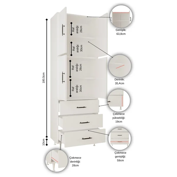 Aeka Ae-3020 Irmak Atlantik Çam/Atlantik Çam 4 Kapaklı Çok Amaçlı Dolap 3 Çekmeceli Raflı Mutfak Kiler Banyo 195x63x35 Çok Amaçlı Dolap - Görsel 7