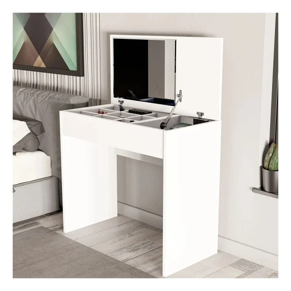 Mezza 2230 Laıla Düşer Kapaklı Aynalı 80 Cm Makyaj Masası Dresuar Çalışma Masası Beyaz - Görsel 7