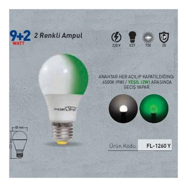 Forlife Renkli LED Ampül 3 Renk Beyaz-Mavi 9+2 Watt Fl-1260-Bm - Görsel 6