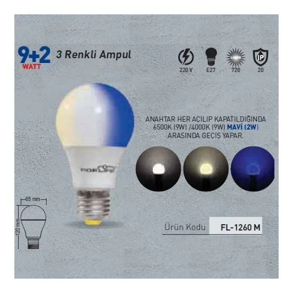 Forlife Renkli LED Ampül 3 Renk Beyaz-Mavi 9+2 Watt Fl-1260-Bm - Görsel 2